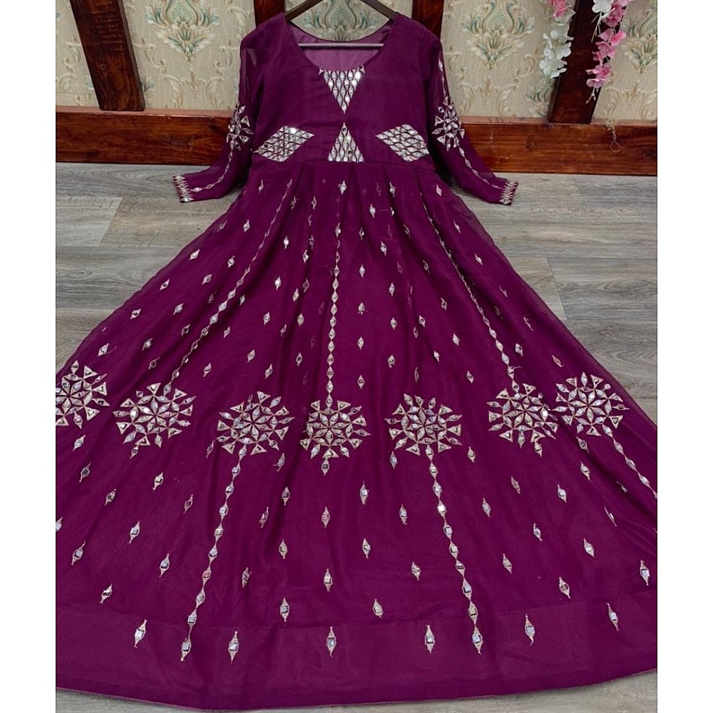 Wine georgette embroidered and real mirror work gown - F ...