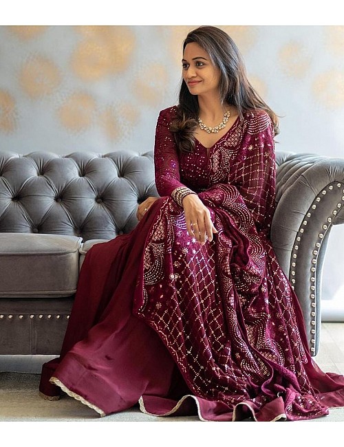 Wine georgette heavy sequence embroidered work anarkali gown with bottom