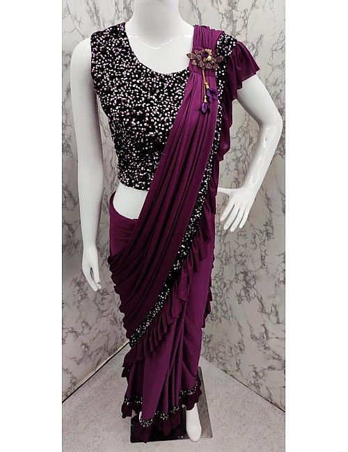 Wine imported fabric embroidered sequence work saree
