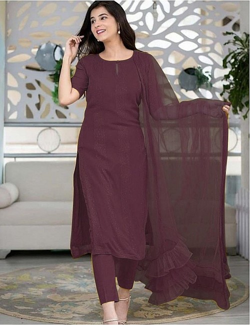 Wine rayon thread and sequence work salwar suit