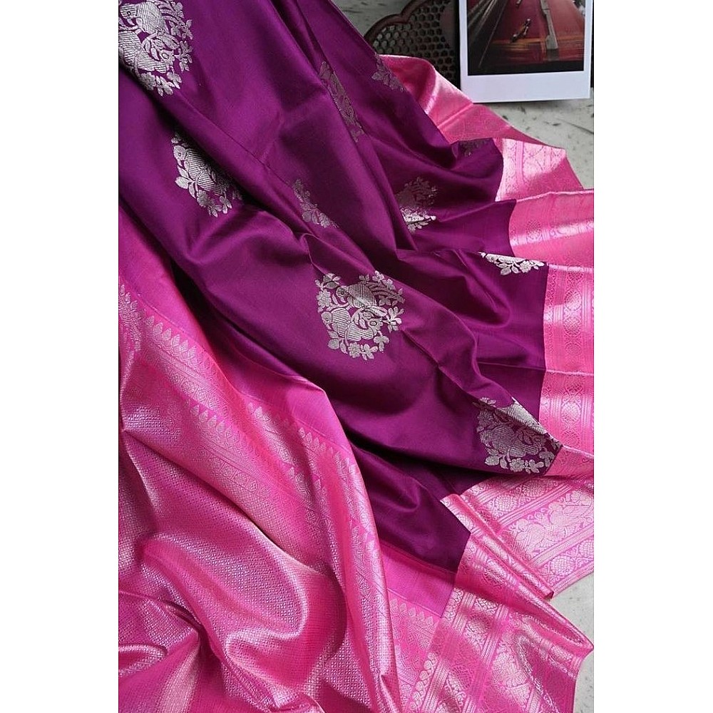 Wine soft lichi silk jacquard weaving border work saree