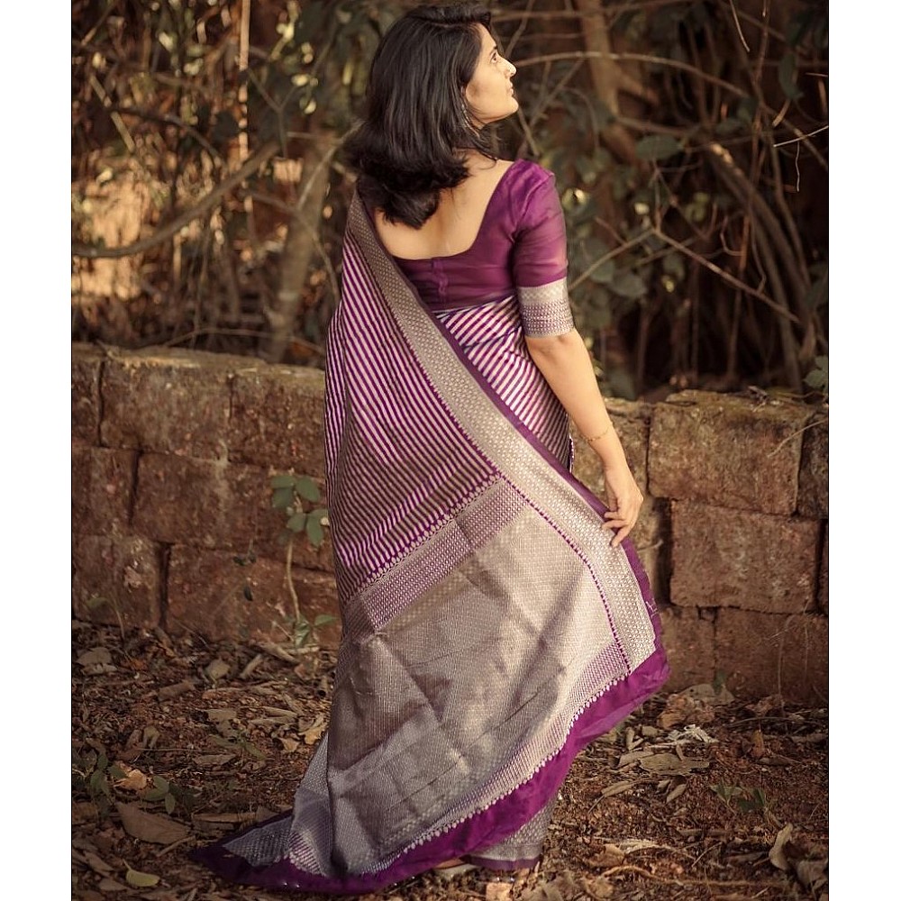 Wine soft lichi silk jacquard weaving work saree