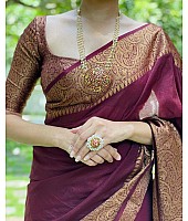 Wine soft lichi silk jacquard weaving work wedding saree