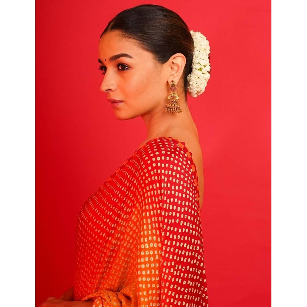 Yellow and red satin silk digital printed saree