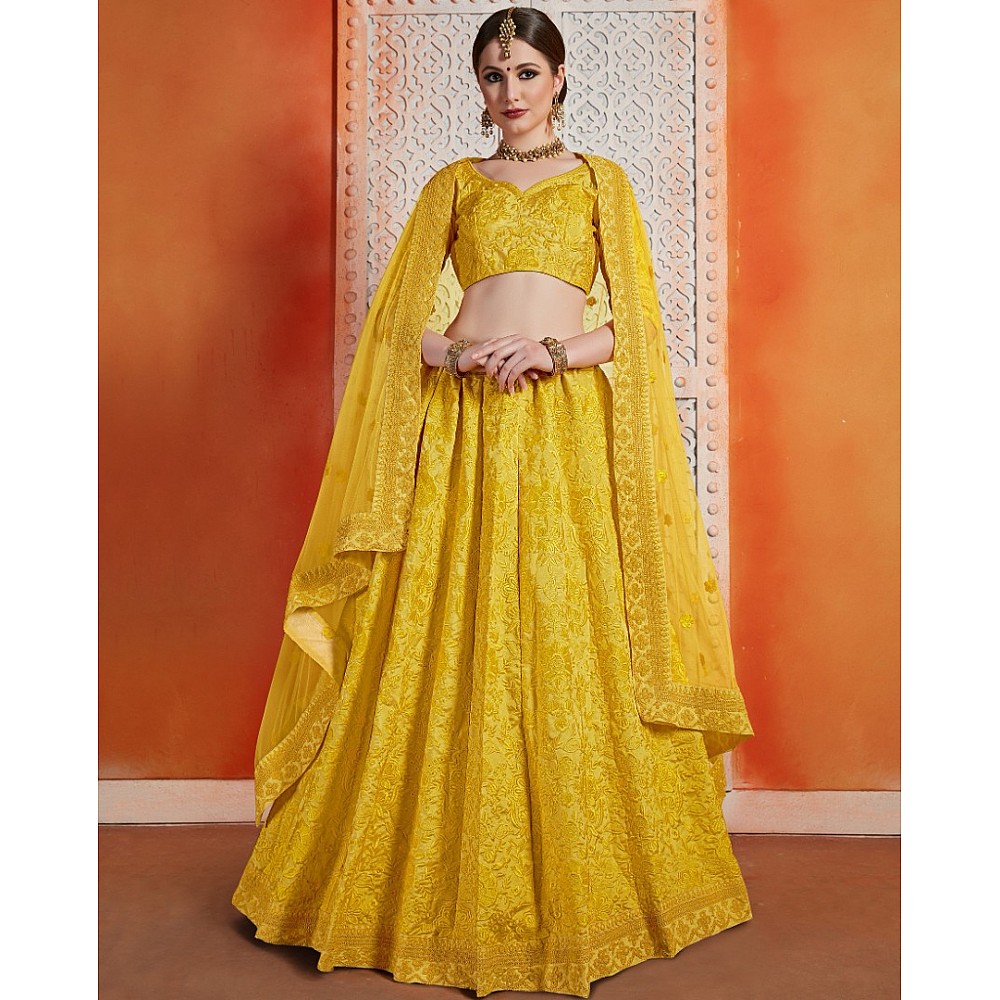 Yellow art silk thread work party wear & bridal lehenga choli