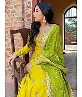 Yellow banglory satin embroidered long anarkali gown