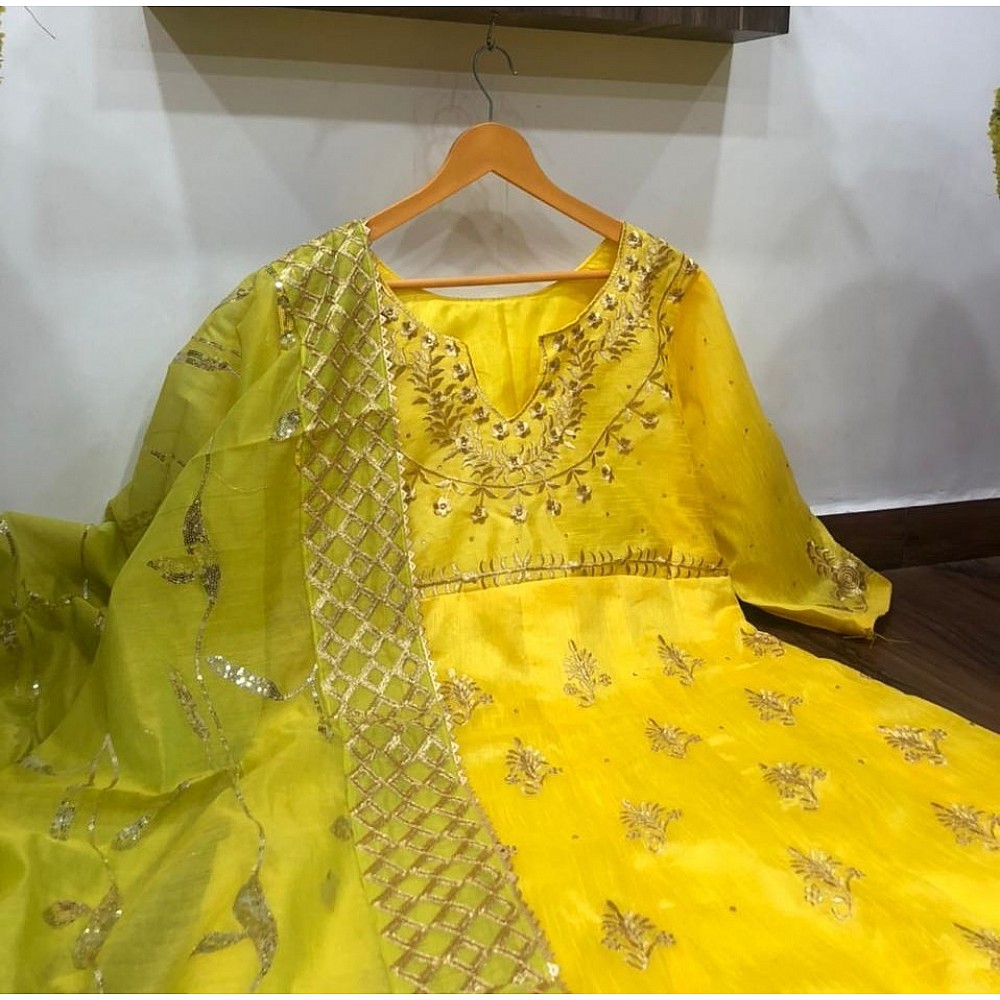 Yellow banglory satin embroidered long anarkali gown