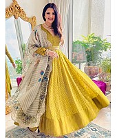 Yellow butter silk digital printed gown with dupatta