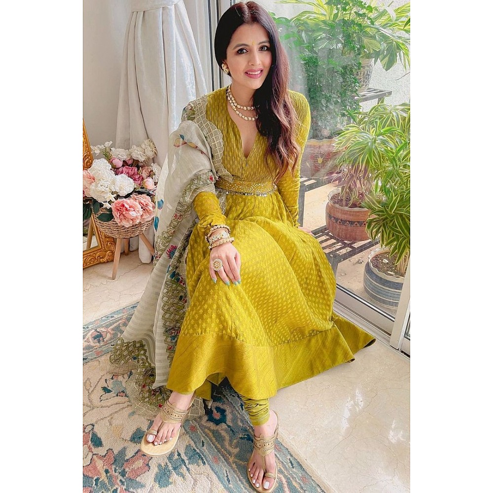 Yellow butter silk digital printed gown with dupatta