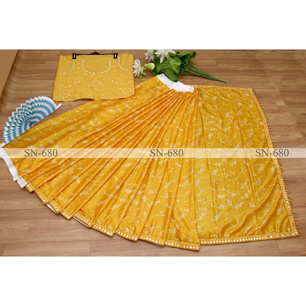 Yellow chinon silk printed paper mirror work border saree