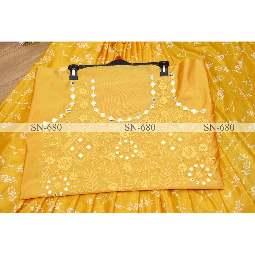 Yellow chinon silk printed paper mirror work border saree