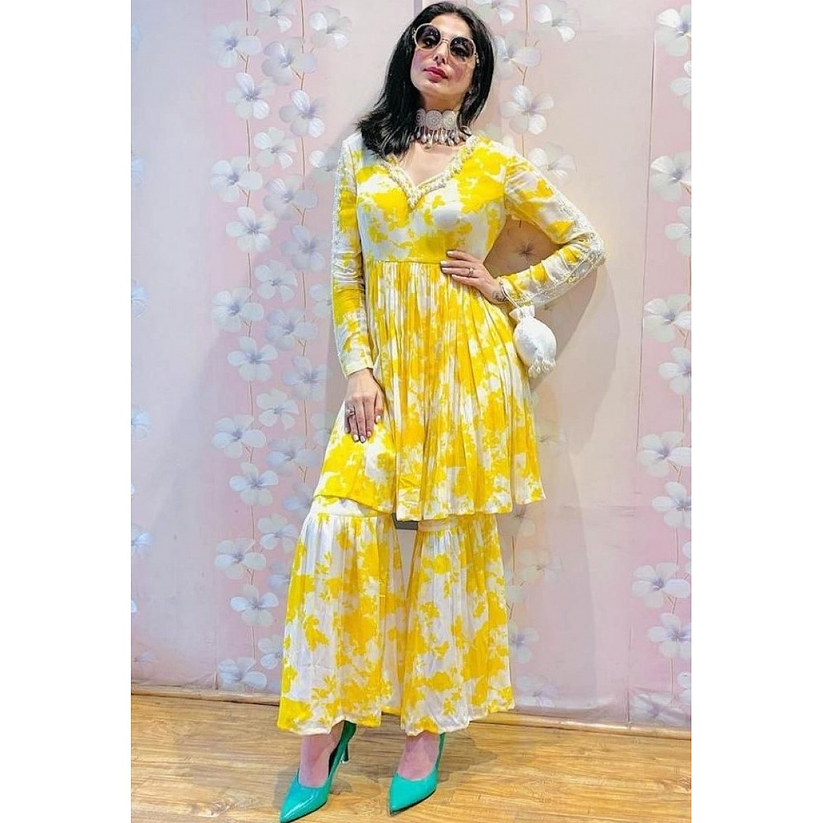 Yellow chinon silk printed sharara suit - Fashiondeal.in