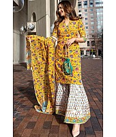 Yellow crepe silk digital floral printed work party wear plazzo suit