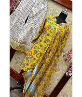 Yellow crepe silk digital floral printed work party wear plazzo suit