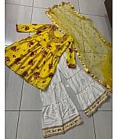 Yellow crepe silk digital printed thread and paper work sharara suit