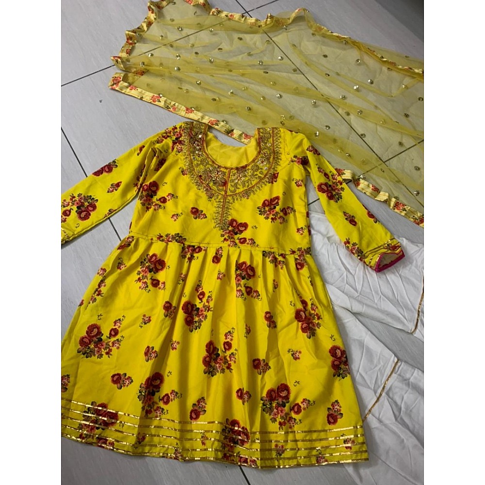 Yellow crepe silk digital printed thread and paper work sharara suit