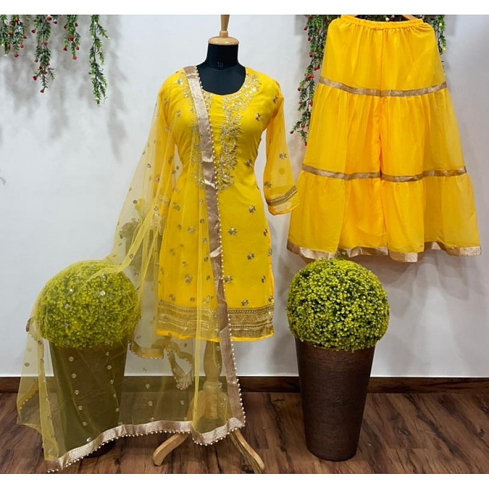 Yellow embroidered sharara salwar suit