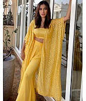 Yellow georgette big sequence work plazzo suit with shrug