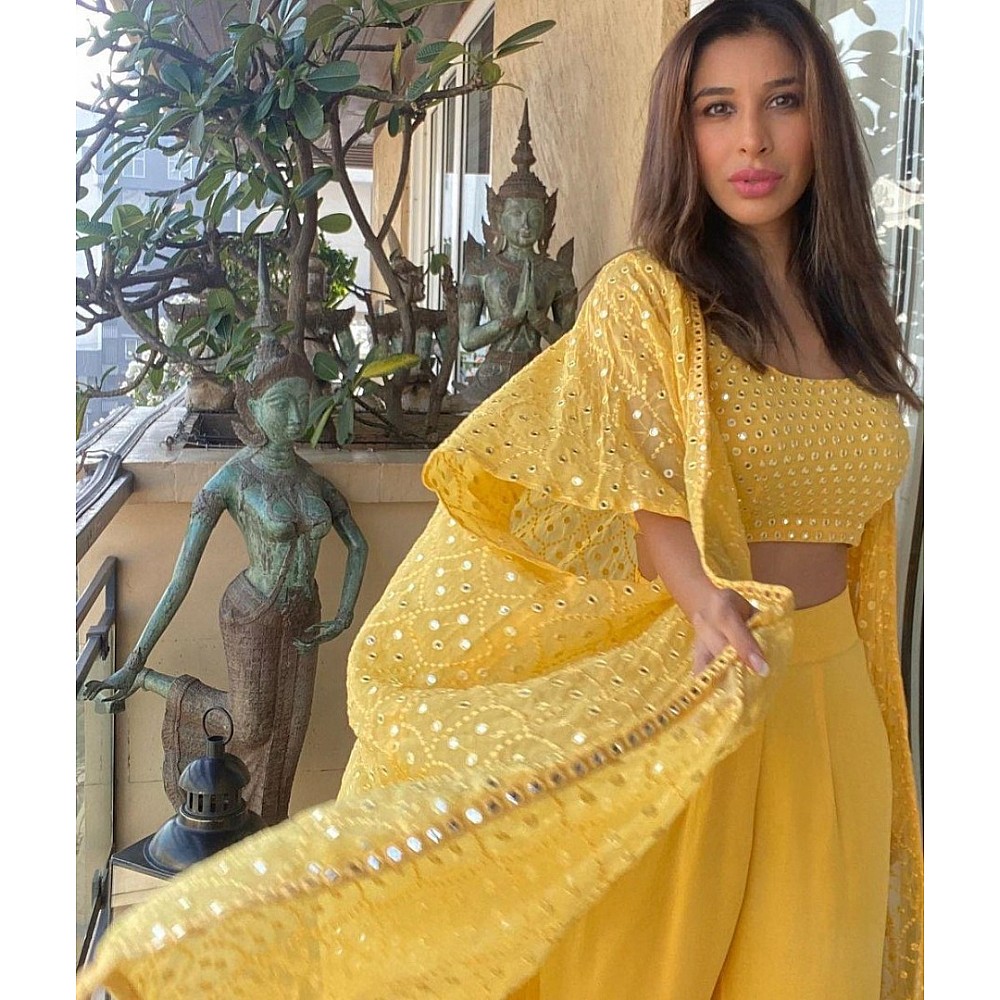 Yellow georgette big sequence work plazzo suit with shrug