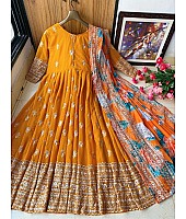 Yellow georgette embroidered anarkali suit with printed dupatta