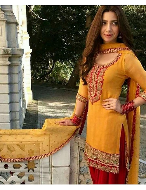 Yellow georgette embroidered dhoti salwar suit