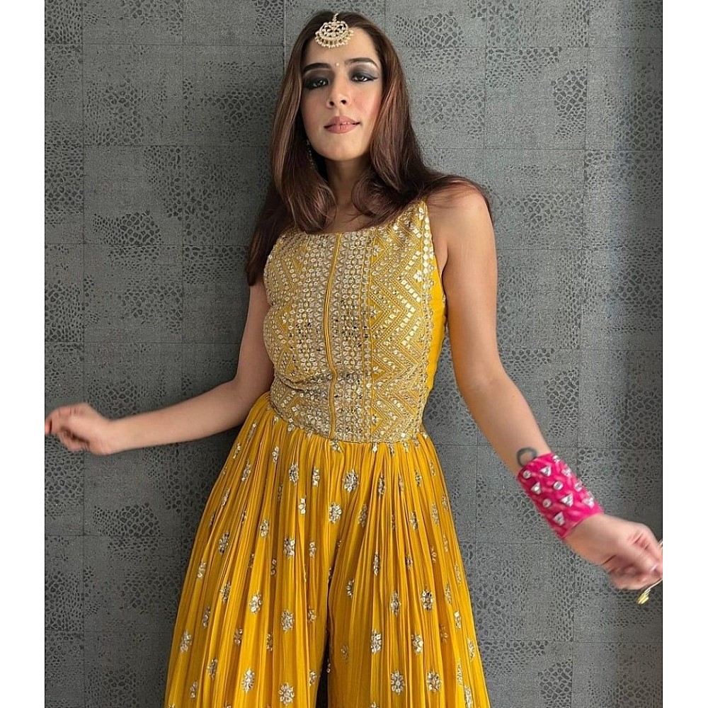 Yellow georgette embroidered ethnic jumpsuit