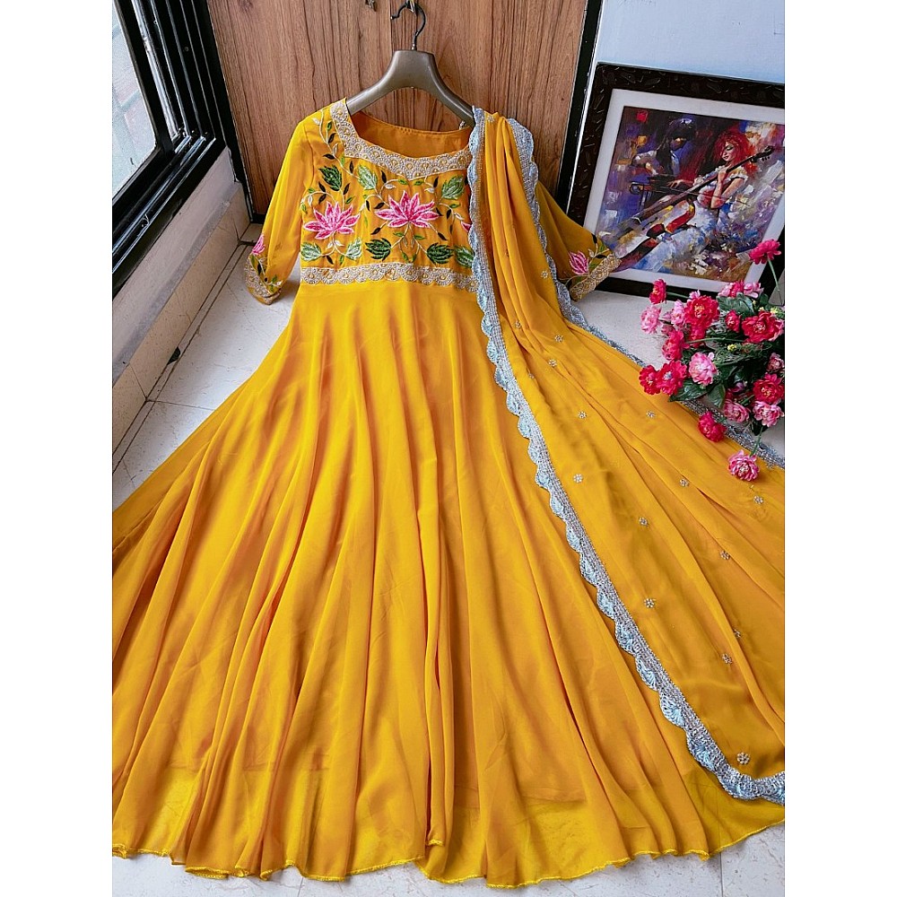 Yellow georgette embroidered long gown