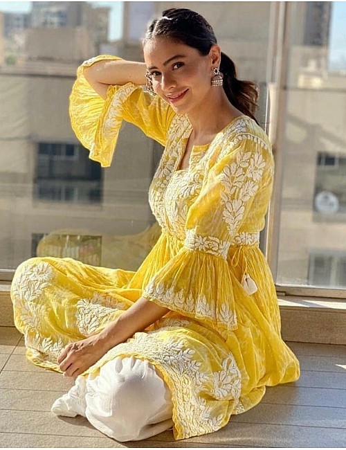 Yellow georgette embroidered plazzo kurti