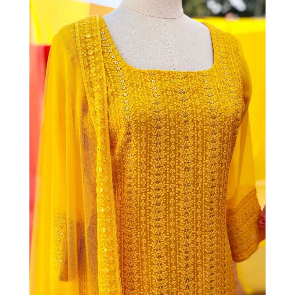 Yellow georgette embroidered sequence work plazzo suit