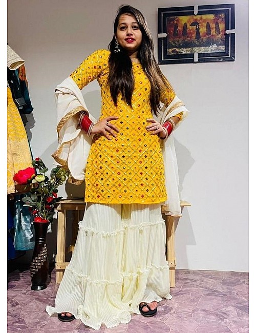 Yellow georgette embroidered sharara salwar suit