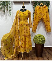 Yellow georgette floral printed anarkali suit