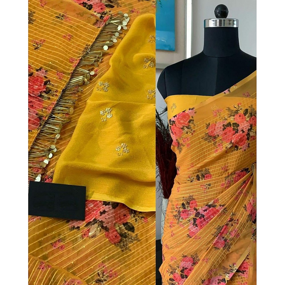 Yellow georgette heavy sequence flower printed saree