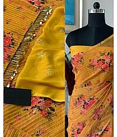 Yellow georgette heavy sequence flower printed saree
