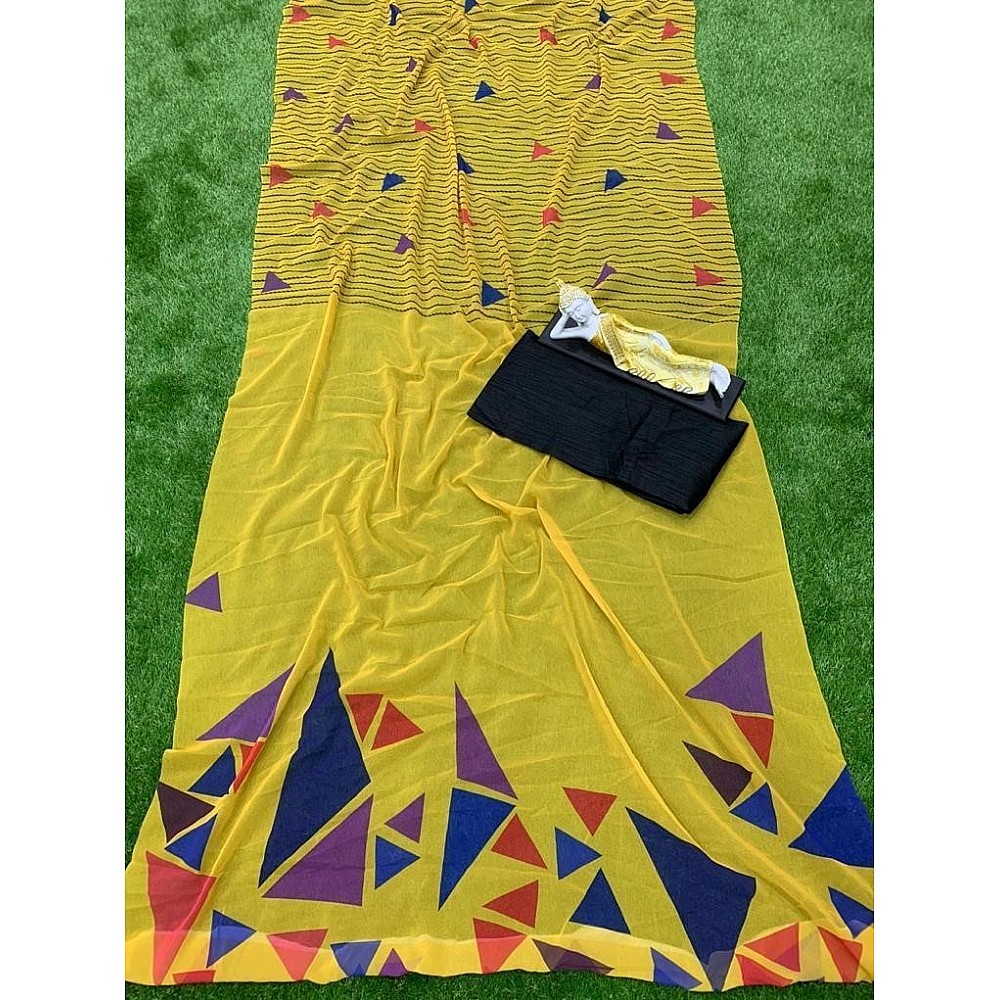 Yellow georgette multicolour digital printed saree
