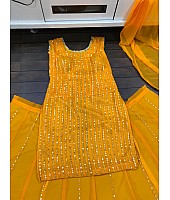 Yellow georgette paper mirror work lehenga suit