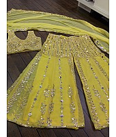 Yellow georgette paper mirror work sharara suit