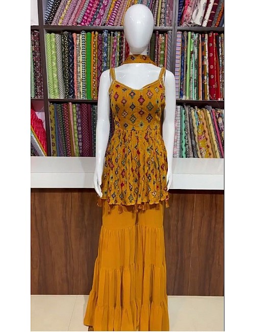 Yellow georgette print and embroidered sharara salwar suit
