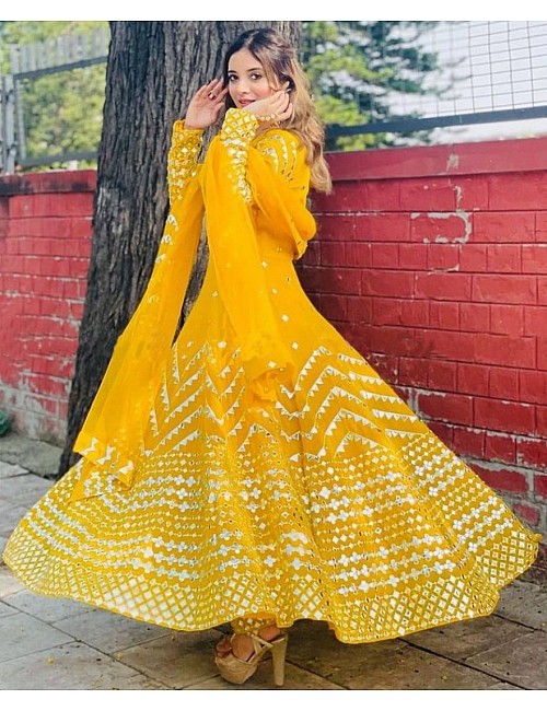 Yellow georgette sequence work long anarkali suit