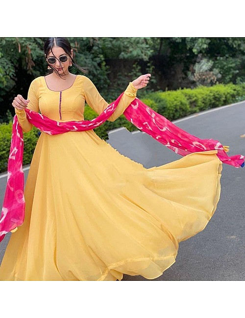 Yellow georgette with chain work fully sleeve gown with dupatta