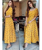 Yellow heavy butter silk digital printed work party wear gown
