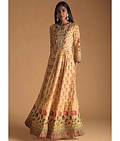 Yellow heavy maslin cotton printed gown