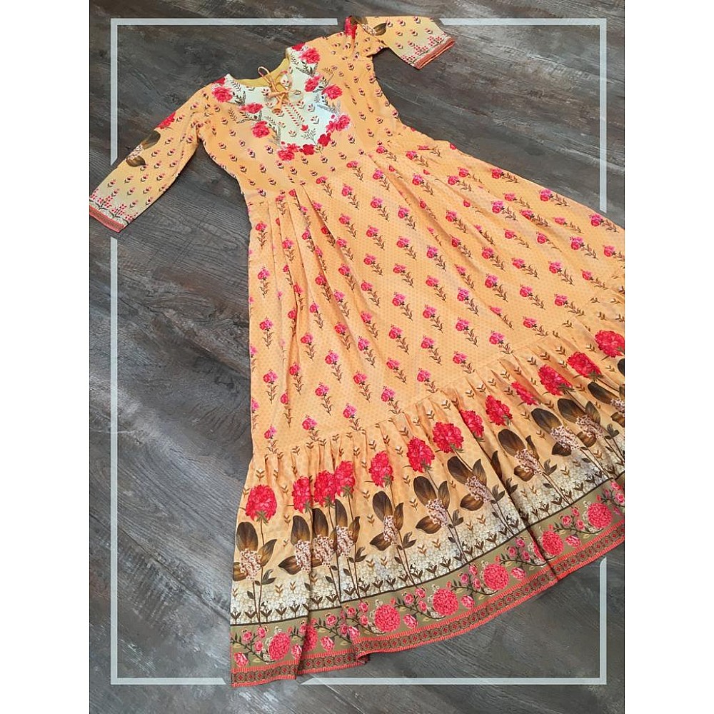 Yellow heavy maslin cotton printed gown