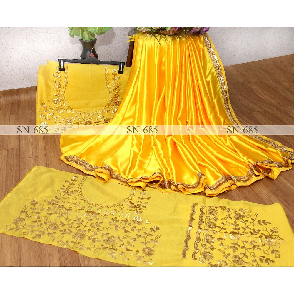Yellow japan satin silk partywear saree