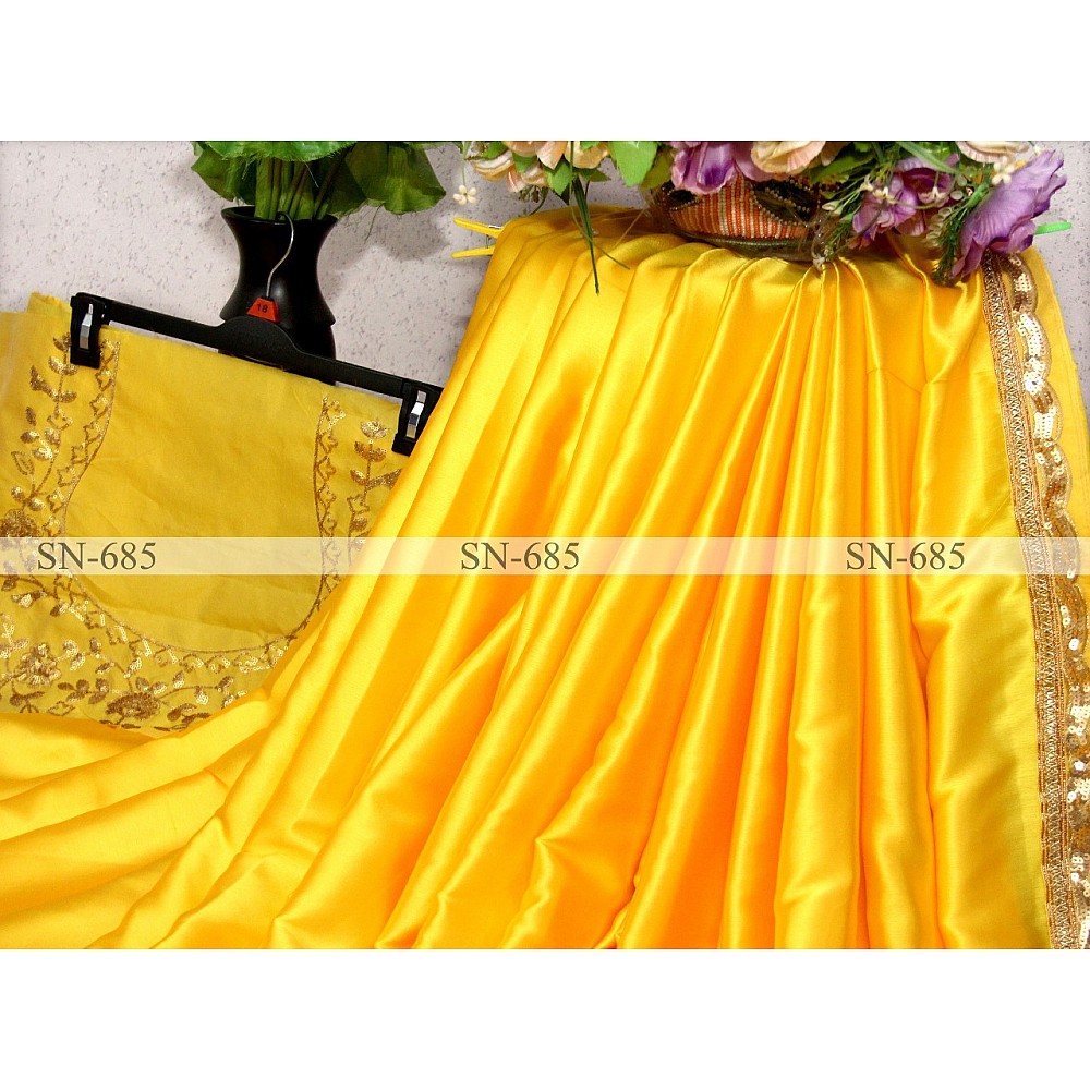 Yellow japan satin silk partywear saree