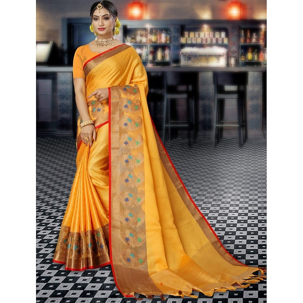Yellow kora muslin jacquard weaving work wedding saree