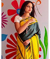 Yellow lichi silk jacquard weaving work saree
