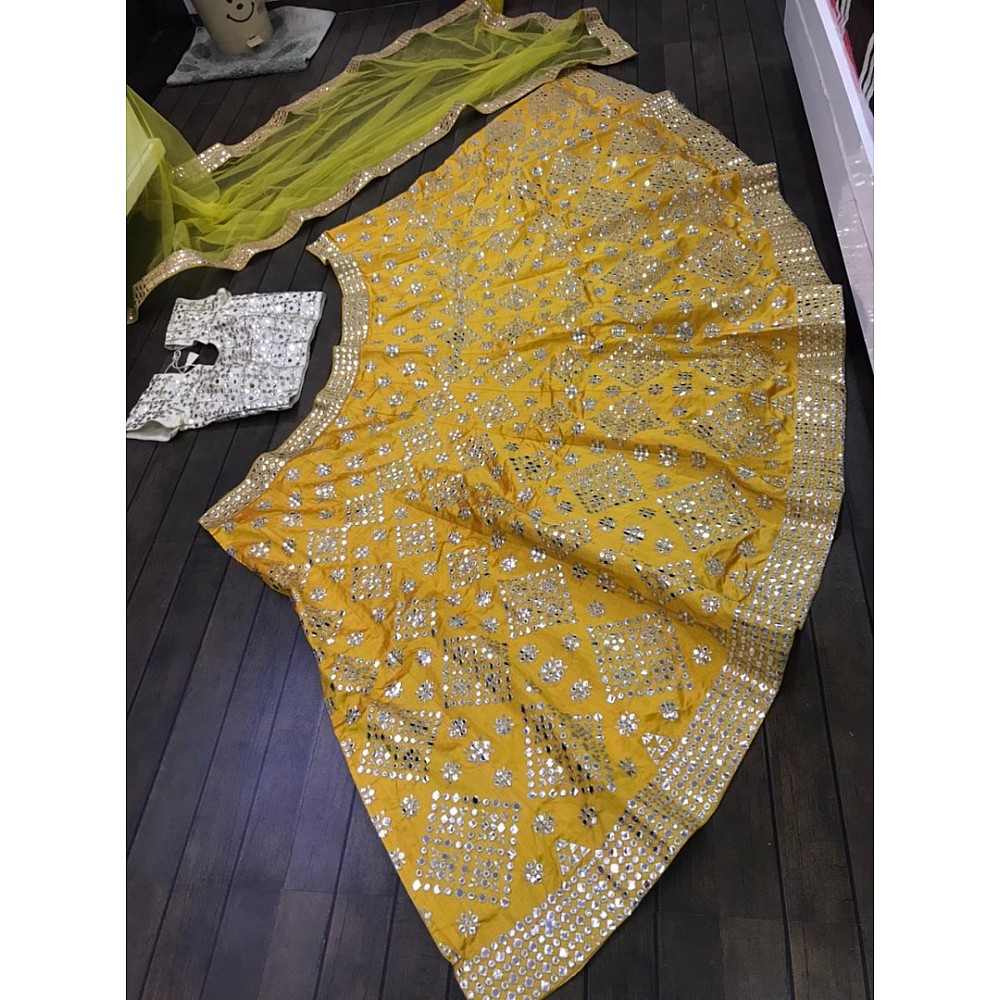 Yellow mulberry silk paper mirror work wedding lehenga choli