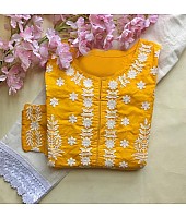 Yellow muslin cotton embroidered with moti work plazzo suit