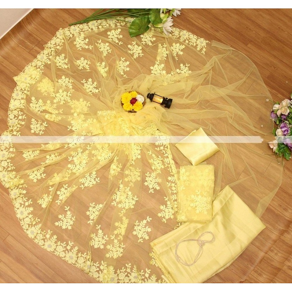 Yellow naylon mono net thread embroidered saree