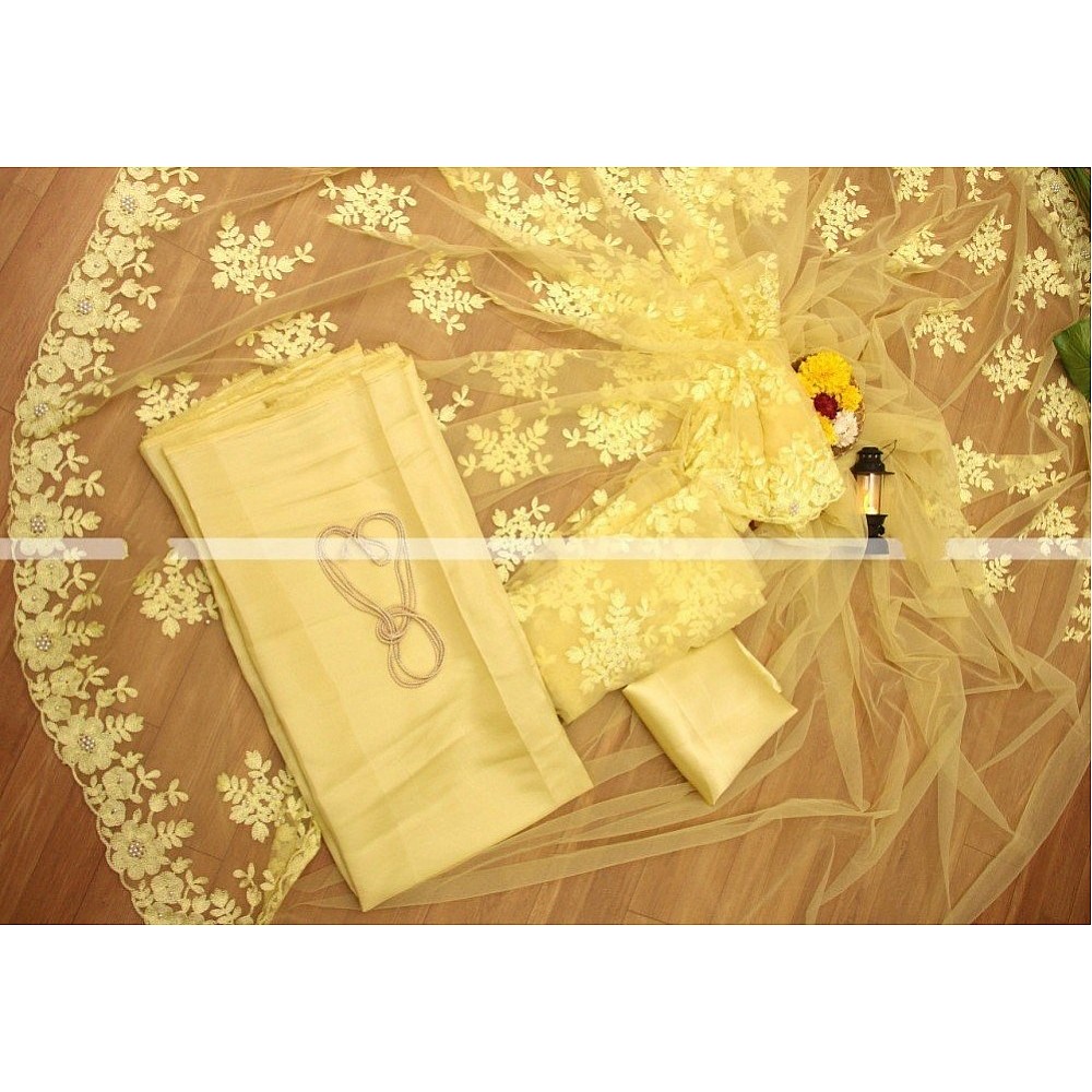 Yellow naylon mono net thread embroidered saree